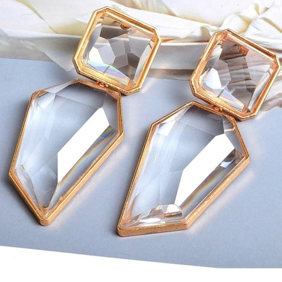 Gold statement earrings Oversized crystal clear geometric cocktail prom 💖 - Picture 14 of 16